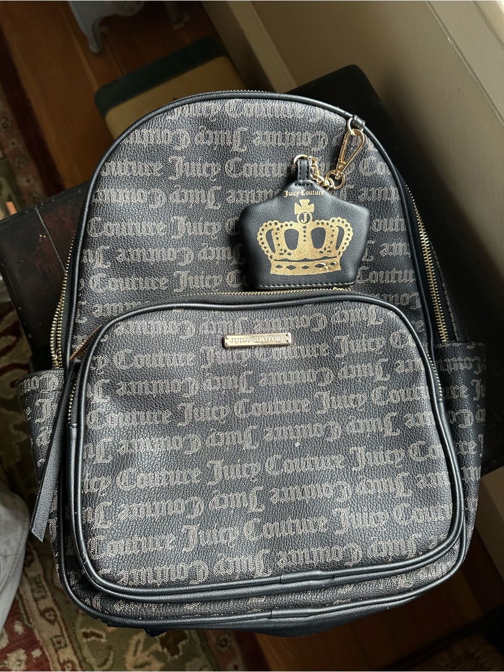 Juicy Couture Black Gothic Logo Monogram Backpack Bookbag New w/Defects